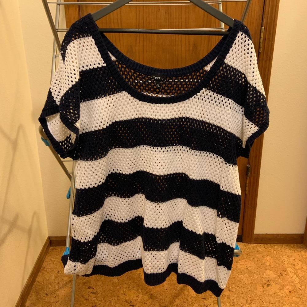 Navy and white striped loose knit sweater top